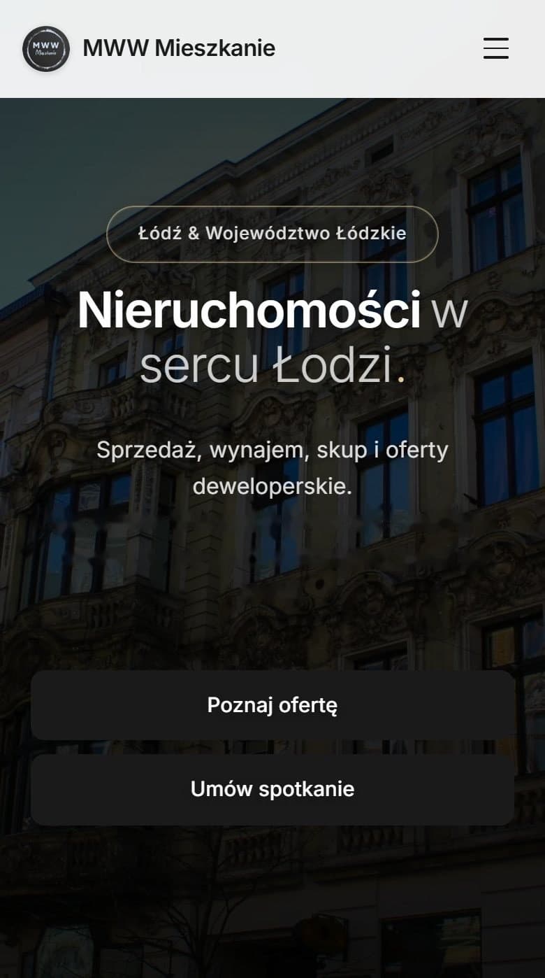 Strona główna MWW Mieszkanie na telefonie: hasło, zakres usług oraz przyciski oferty i umówienia spotkania