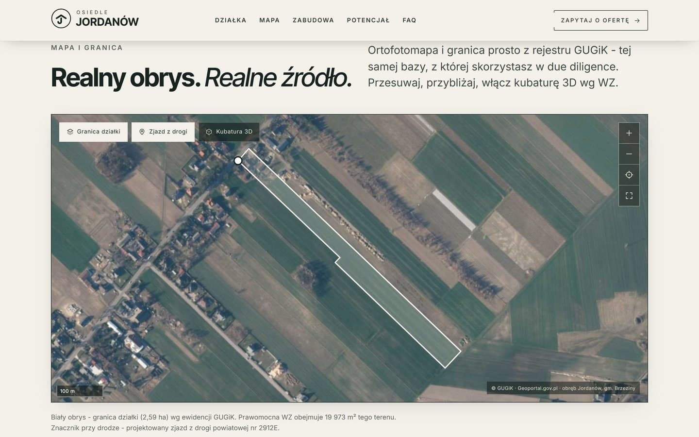 Mapa z rządowego Geoportalu: zdjęcie lotnicze z obrysem działki i przełącznikami granicy, zjazdu i kubatury do 9,5 metra