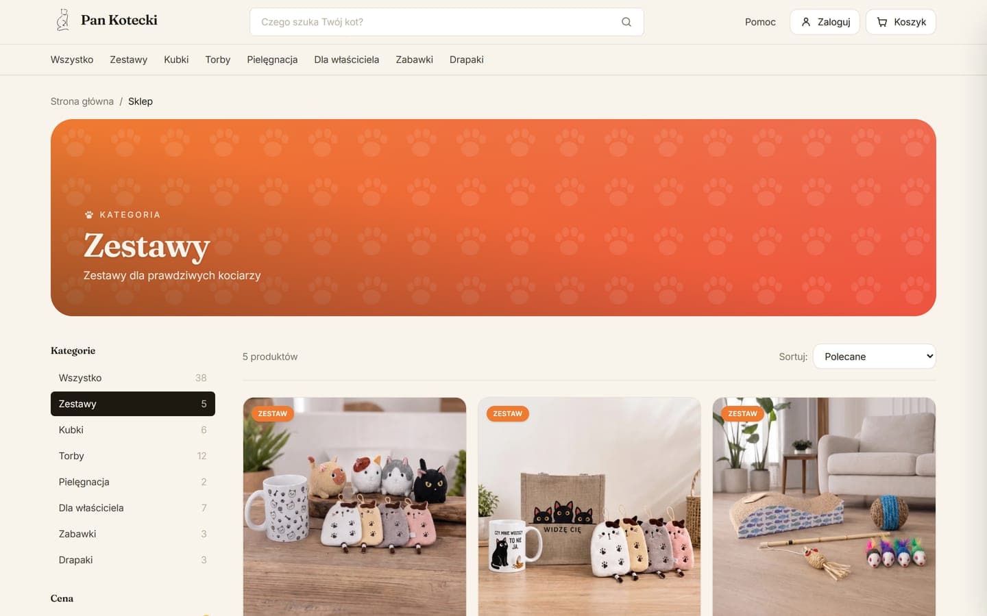 Kategoria Zestawy w sklepie Pan Kotecki na ekranie komputera: nagłówek z wyszukiwarką i menu kategorii, baner kategorii, filtry z liczbą produktów i pierwsze zestawy