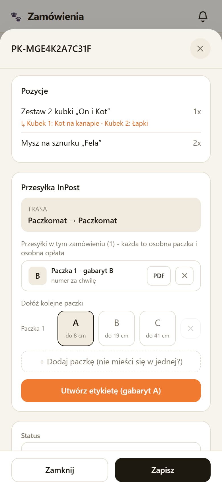 Zamówienie z wybranymi wzorami zestawu i przesyłką InPost: trasa paczkomat do paczkomatu, paczka z etykietą PDF i wybór gabarytu kolejnej