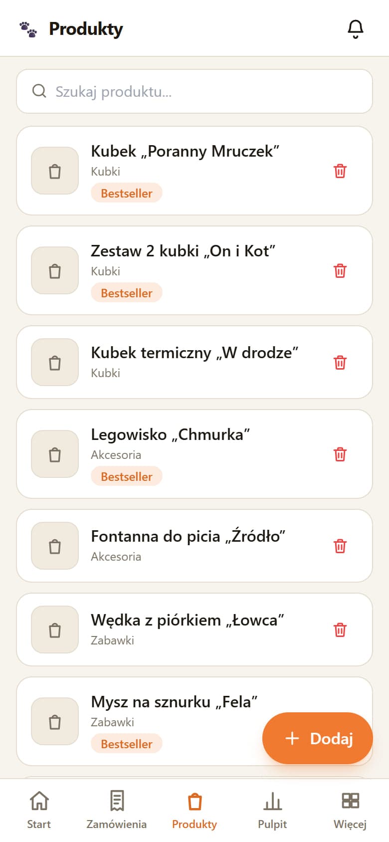 Lista produktów z wyszukiwarką, kategorią i oznaczeniem bestsellera przy każdym produkcie