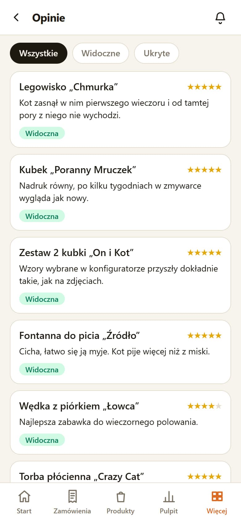 Opinie klientów z oceną w gwiazdkach i statusem widoczności przy każdej opinii, z filtrem widocznych i ukrytych