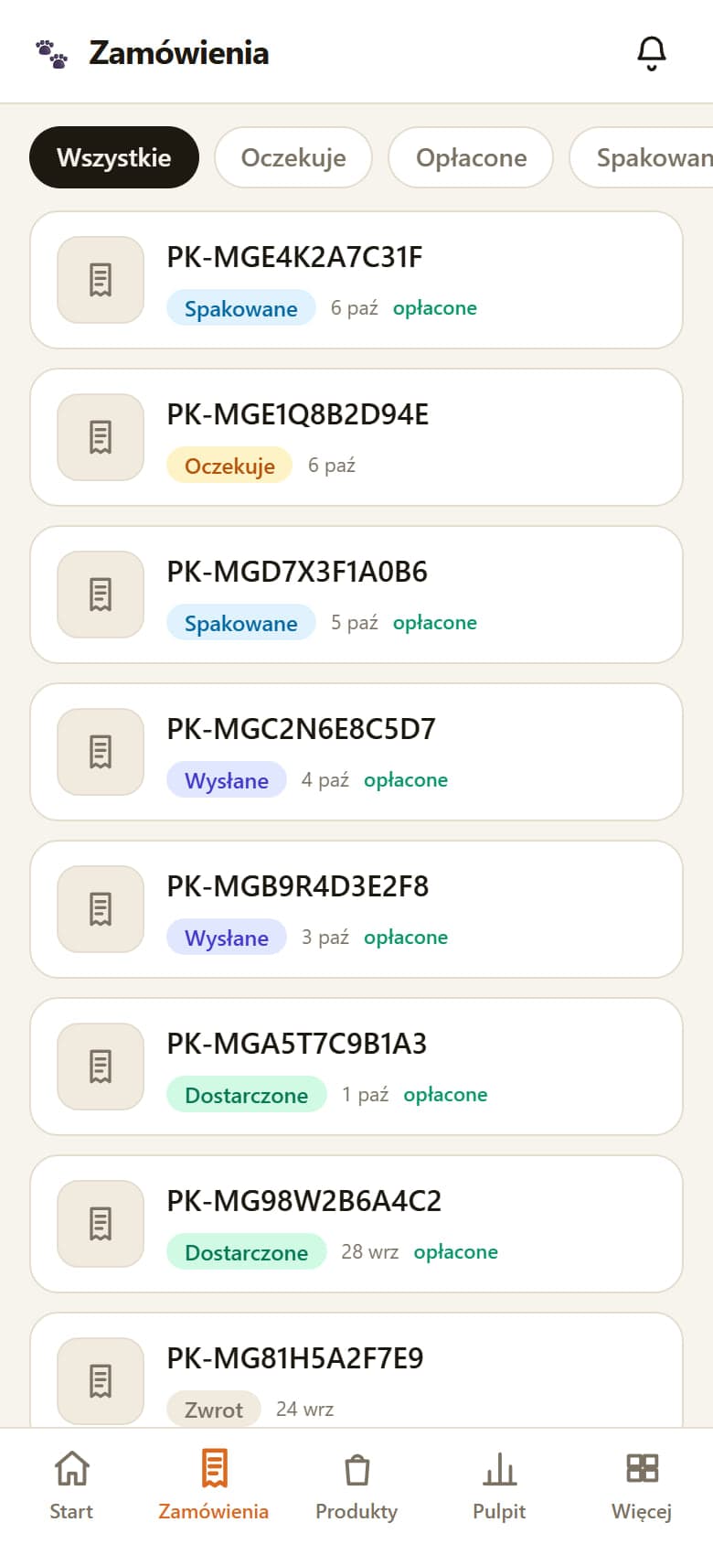 Lista zamówień na telefonie z filtrami statusów, numerem, datą i oznaczeniem opłaconego zamówienia