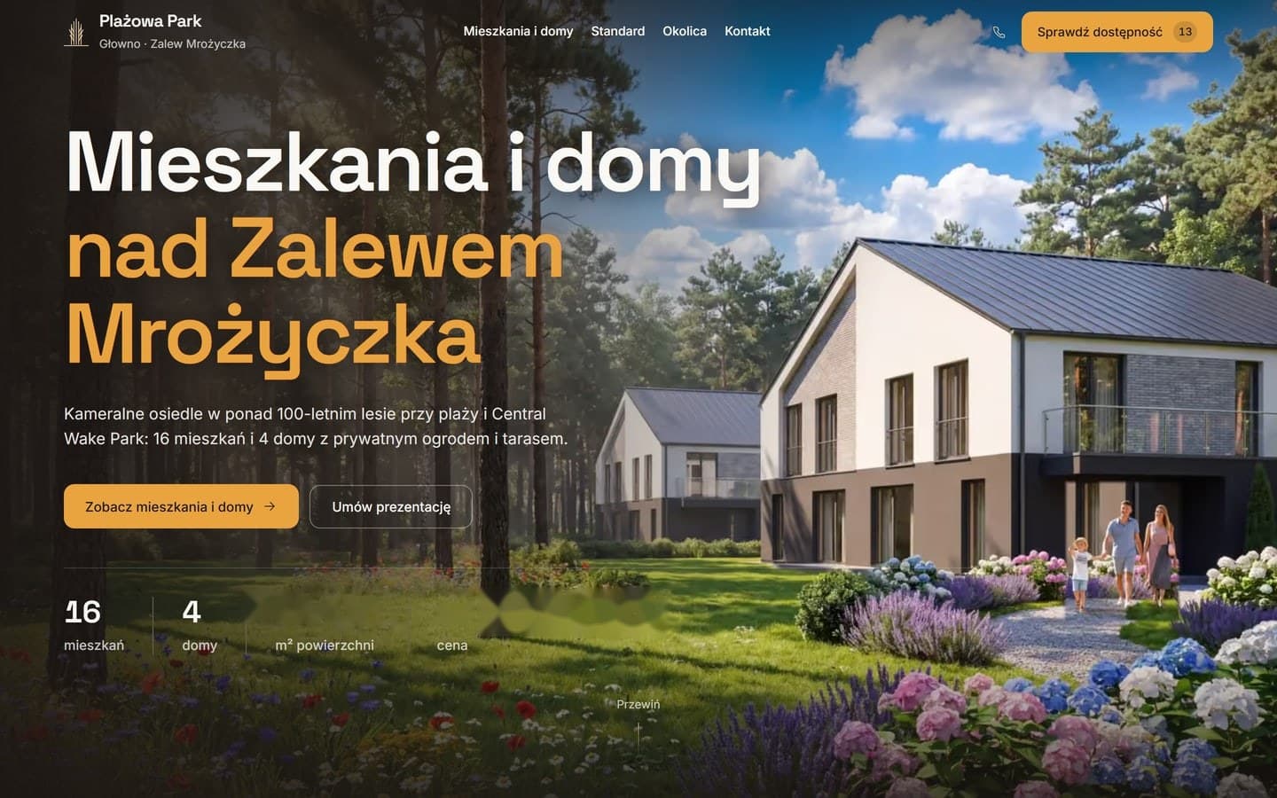 Strona główna Plażowej Park: nagłówek Mieszkania i domy nad Zalewem Mrożyczka na wizualizacji domów w sosnowym lesie, przyciski przejścia do oferty i umówienia prezentacji, a pod nimi liczba mieszkań i domów oraz zakres metrażu.
