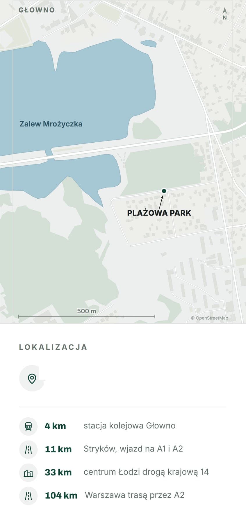 Tył złożonej harmonijki, mapa okolicy Zalewu Mrożyczka z zaznaczonym osiedlem i odległości do stacji w Głownie, Strykowa, Łodzi i Warszawy