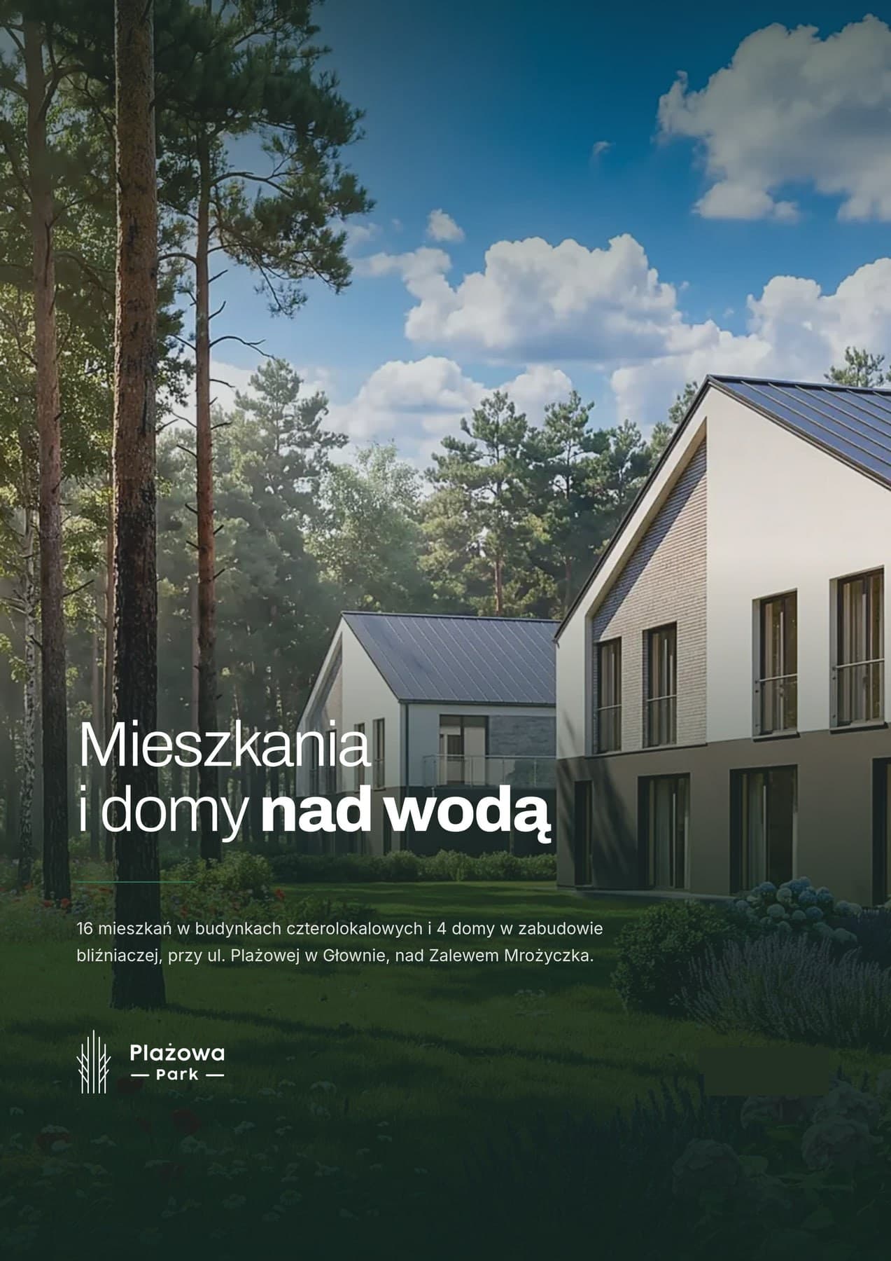 Okładka katalogu Plażowa Park z tytułem Mieszkania i domy nad wodą na wizualizacji budynków wśród sosen
