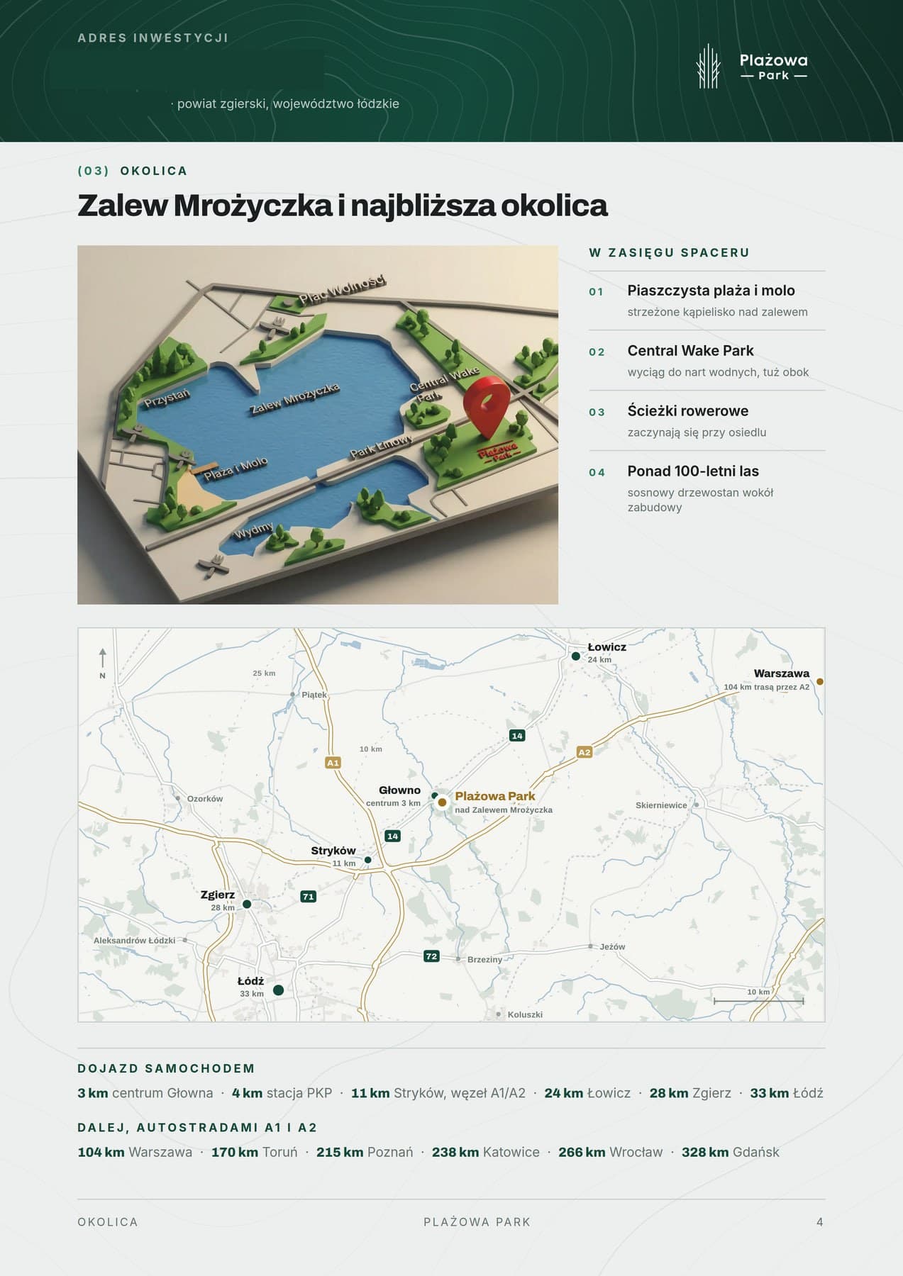 Strona katalogu o okolicy, makieta Zalewu Mrożyczka z plażą i molo, miejsca w zasięgu spaceru i mapa dojazdu z Łodzi i Warszawy