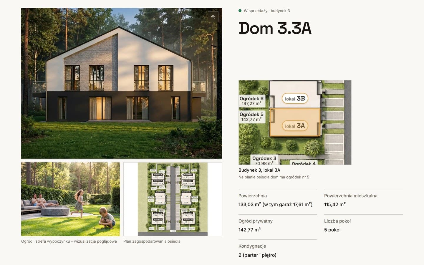 Podstrona domu 3.3A: wizualizacja budynku w lesie z miniaturami ogrodu i planu osiedla, obok status, wycinek planu z zaznaczonym domem i jego ogródkiem oraz metraże, liczba pokoi i kondygnacje