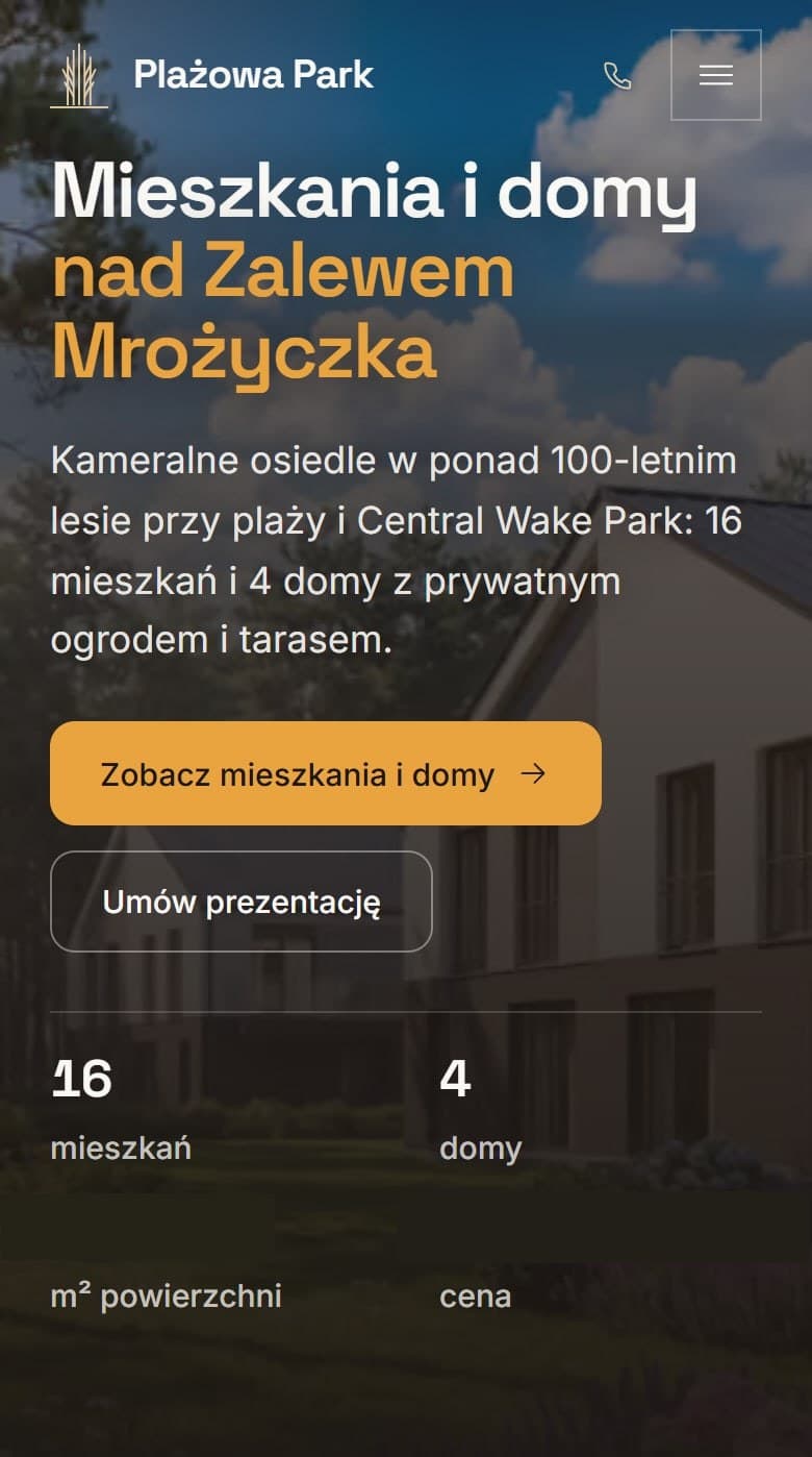 Ten sam ekran na telefonie: nazwa osiedla z ikoną telefonu i przyciskiem menu, nagłówek w trzech wierszach, opis osiedla, dwa przyciski jeden pod drugim i liczby oferty w dwóch kolumnach.