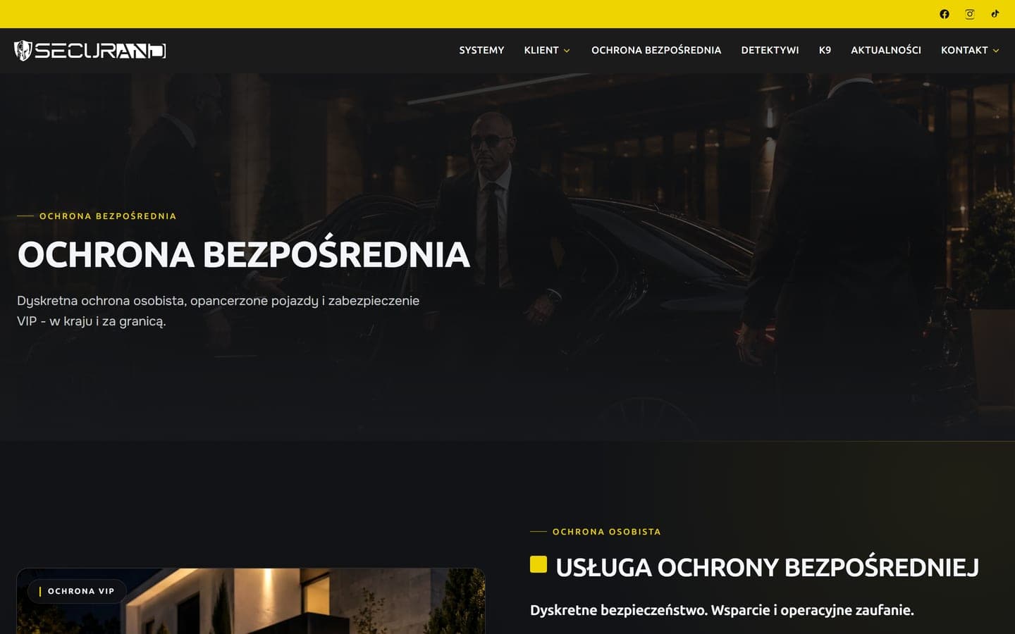 Podstrona ochrony bezpośredniej: żółty pasek z ikonami mediów społecznościowych i menu usług, pod nimi nagłówek Ochrona bezpośrednia z zapowiedzią ochrony osobistej, opancerzonych pojazdów i zabezpieczenia VIP, na ciemnym zdjęciu ochroniarzy przy samochodzie. Niżej zaczyna się sekcja Usługa ochrony bezpośredniej z kartą Ochrona VIP.