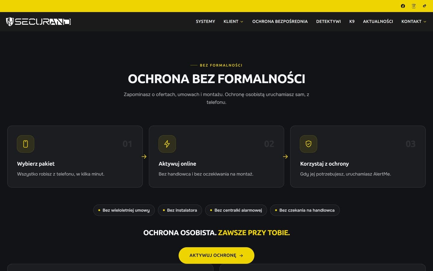 Strona Securand w ciemnej palecie: sekcja o ochronie bez formalności z trzema krokami aktywacji