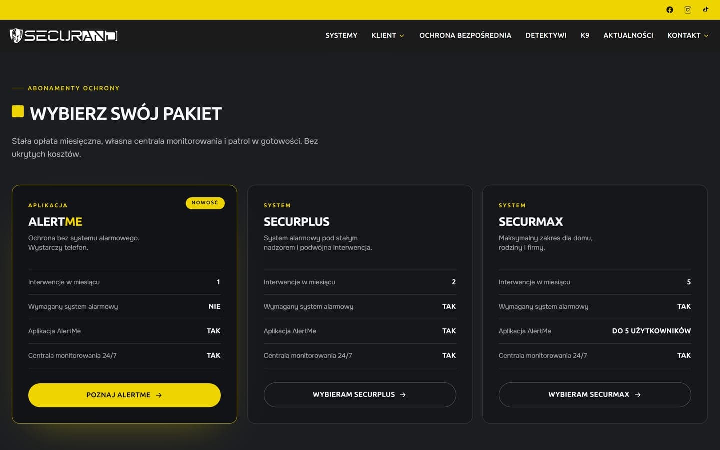 Abonamenty ochrony: pakiety AlertMe, SecurPlus i SecurMax z liczbą interwencji w miesiącu i zakresem