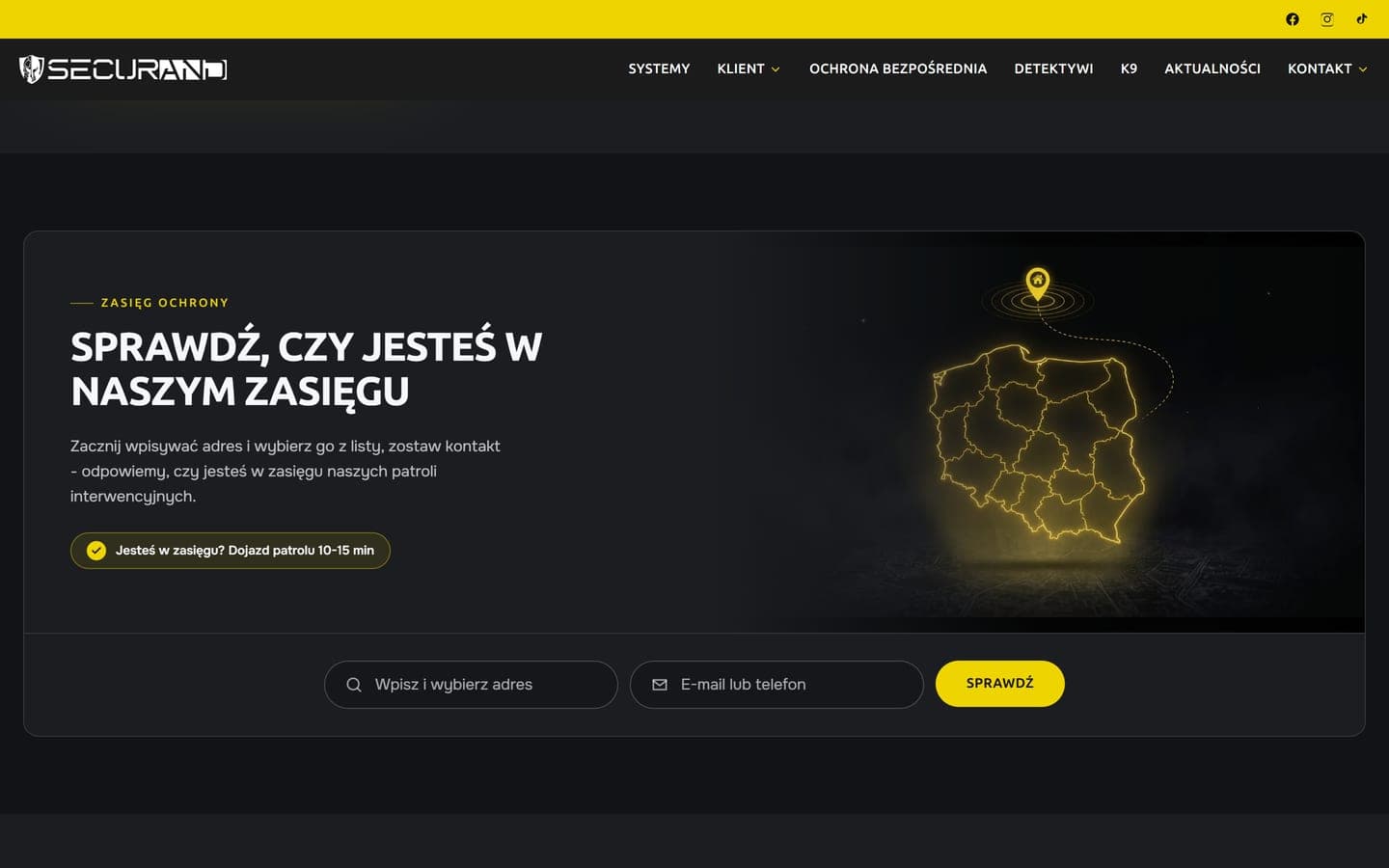 Sekcja zasięgu ochrony z polem adresu do wybrania z podpowiedzi i polem na e-mail albo telefon