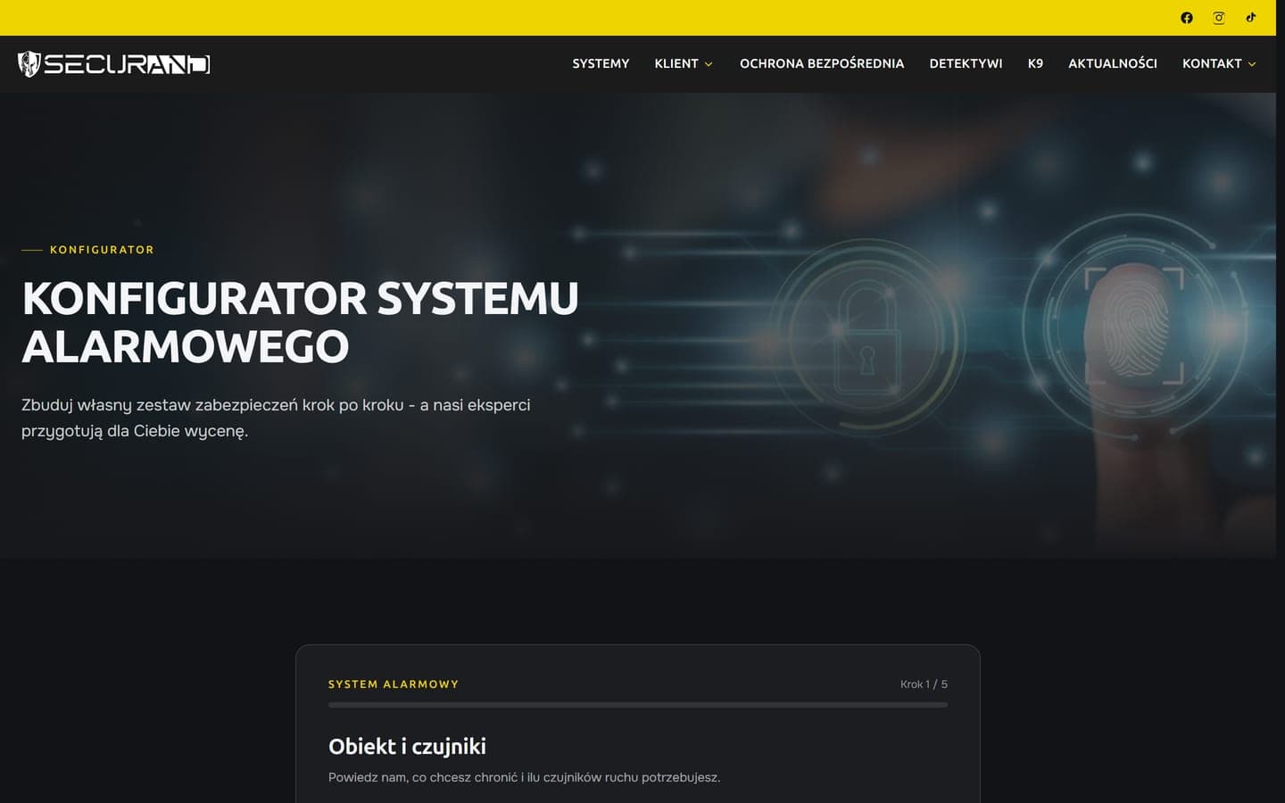 Konfigurator systemu alarmowego: nagłówek z zapowiedzią zestawu budowanego krok po kroku i pierwszy z pięciu kroków formularza, obiekt i czujniki