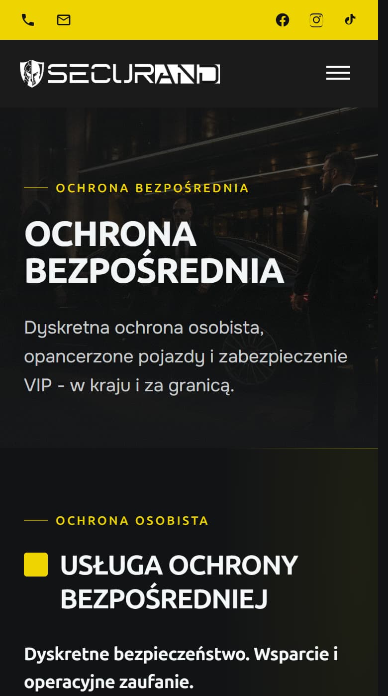 Ta sama podstrona na telefonie: pasek kontaktu, logo z przyciskiem menu i nagłówek Ochrona bezpośrednia na tym samym ciemnym zdjęciu.