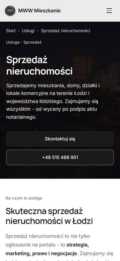 Podstrona usługi na telefonie