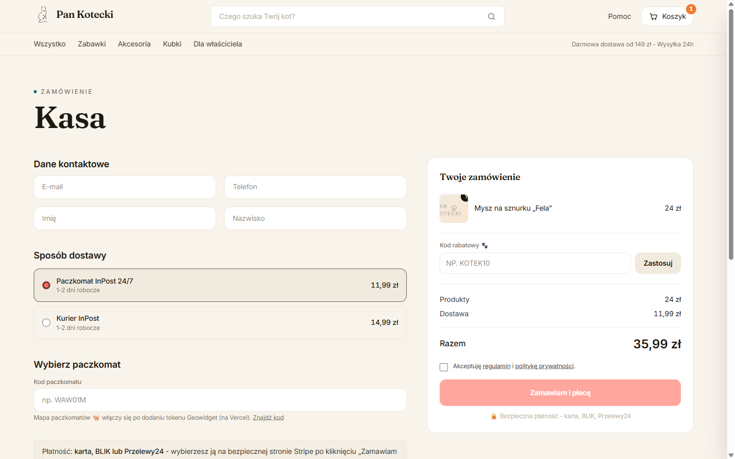 Kasa - Paczkomat InPost i płatność Stripe (BLIK, Przelewy24, karta)